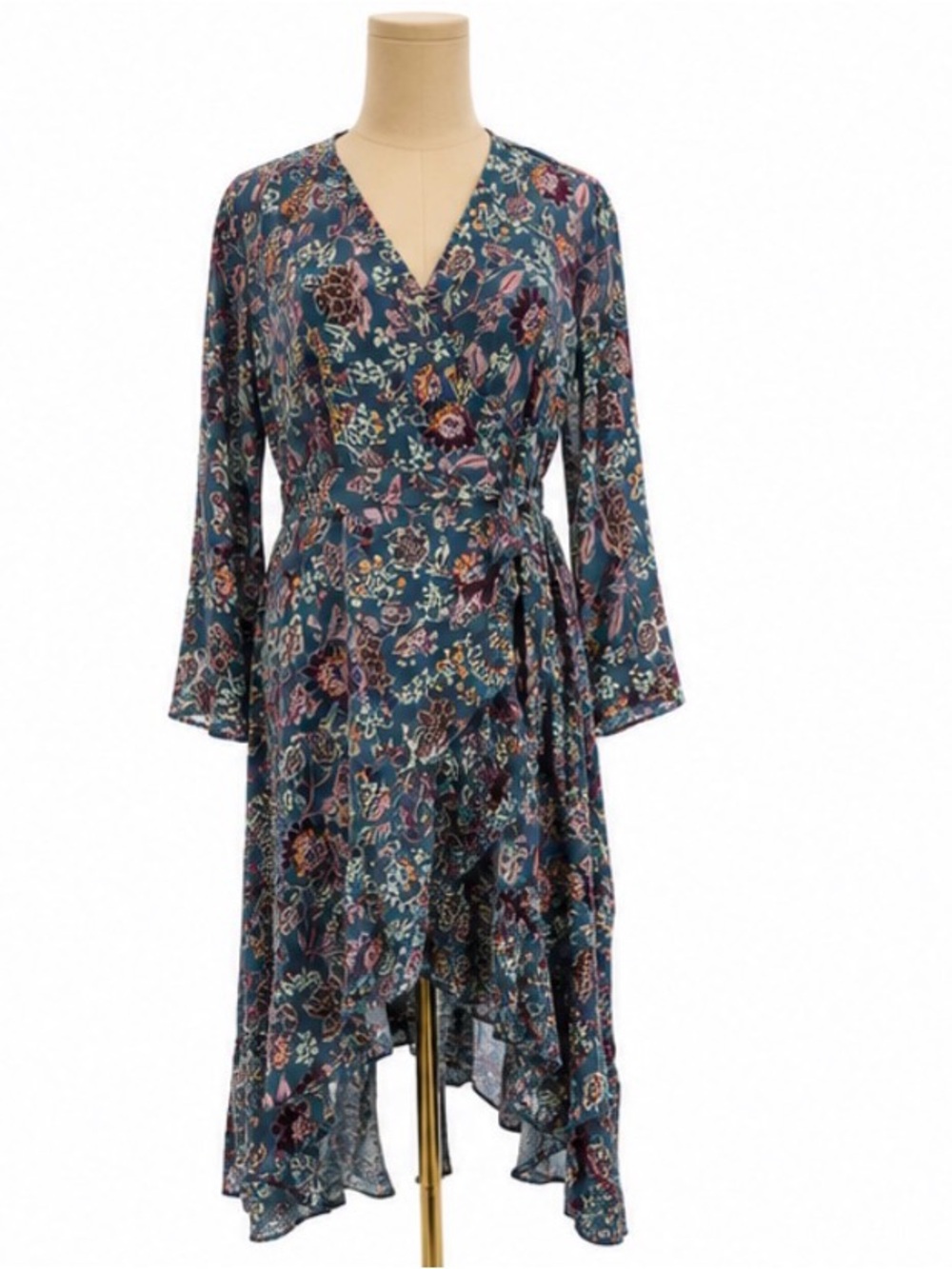 Torrid Floral Wrap High-Low Ruffle Dress Teal Multicolor Size 2 2X